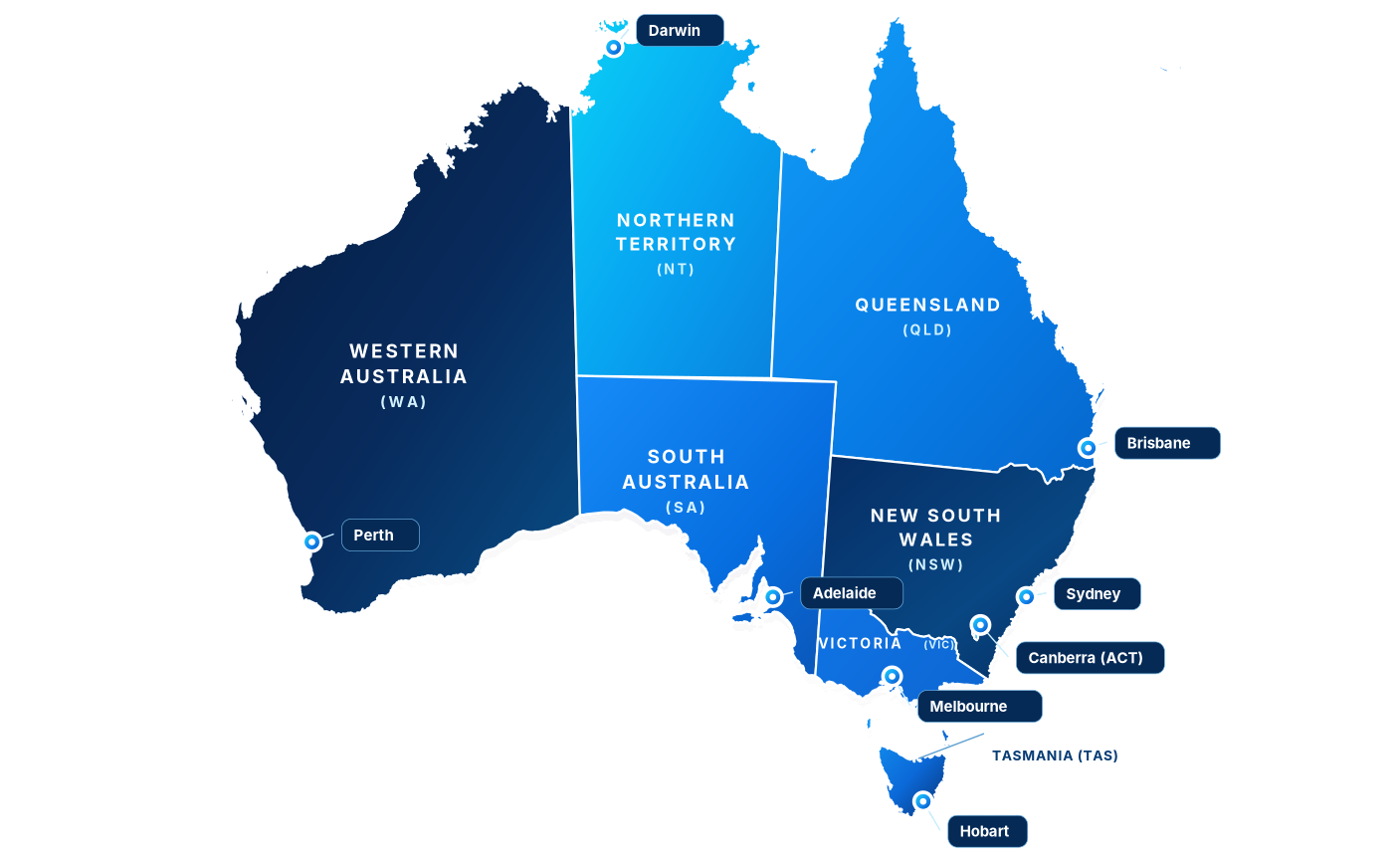 Map of Australia showing the states, territories and the capital cities Frostac installs in: Perth, Darwin, Adelaide, Brisbane, Sydney, Canberra, Melbourne and Hobart
