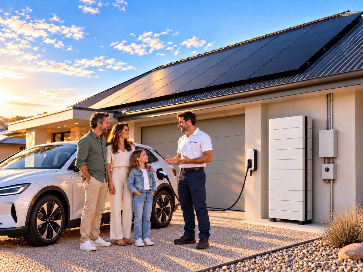 Smiling Australian family with a Frostac installer beside a charging electric car, rooftop solar and a ground-standing 42 kWh battery