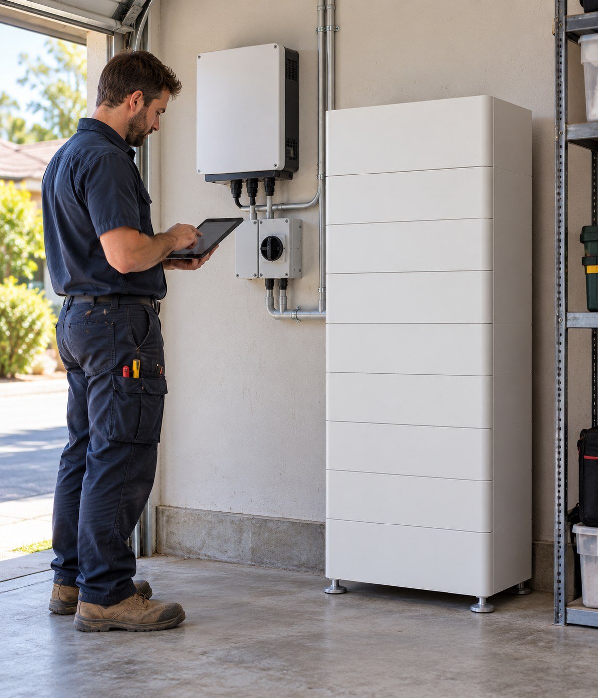 Electrician checking a 41.93kWh modular floor-standing home battery installation