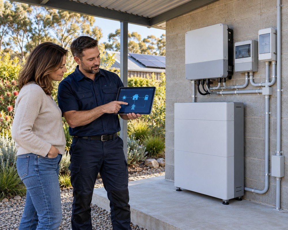 Australian homeowner reviewing smart battery controls with an installer beside an outdoor battery installation