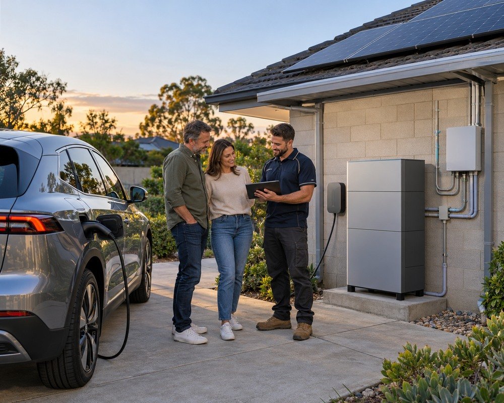 Australian homeowners reviewing electric car charging from rooftop solar and an outdoor home battery