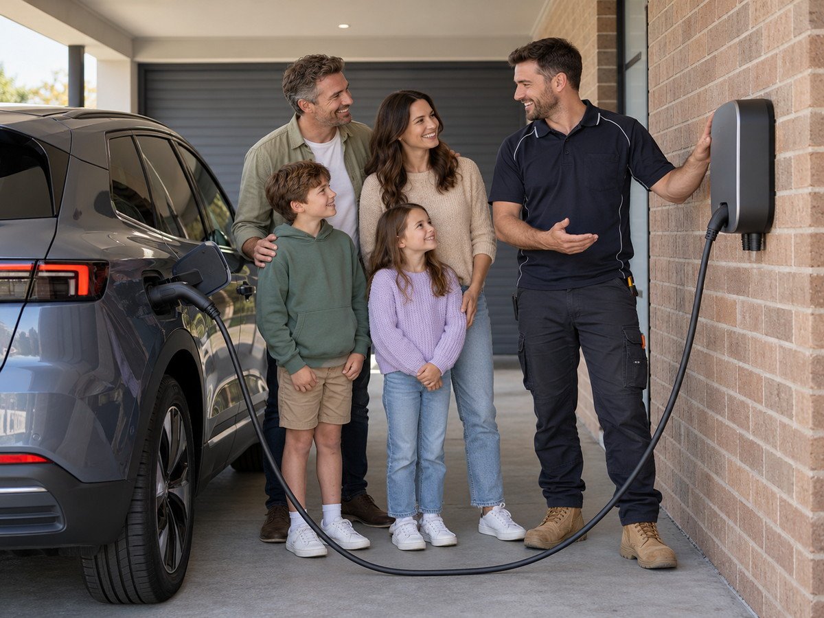 Wall-mounted EV charger charging a car in a garage