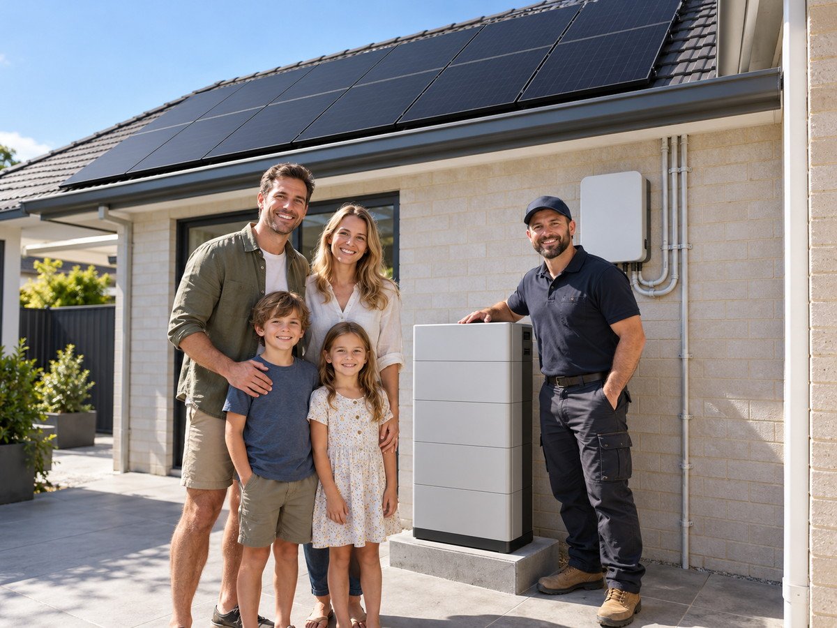 Australian family and installer beside a compact ground-standing modular home battery under rooftop solar