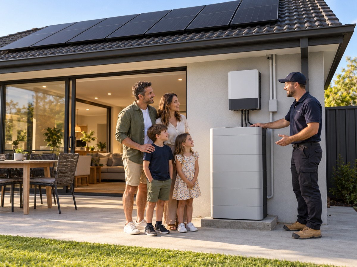 Australian family and installer beside a medium ground-standing modular home battery under rooftop solar