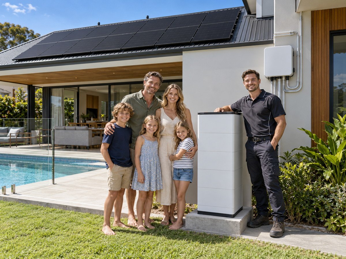 Australian family and installer beside a tall ground-standing modular battery system under rooftop solar