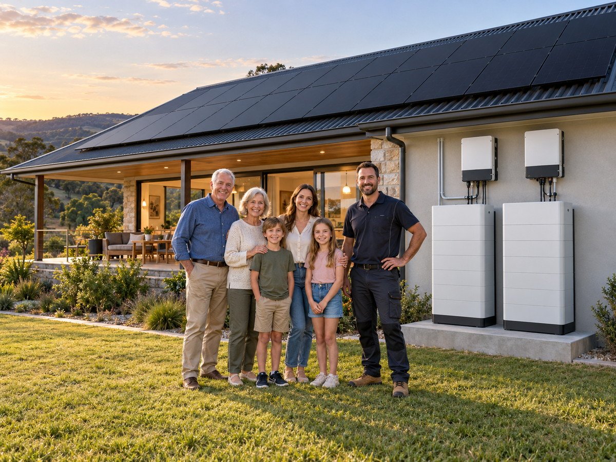 Multigenerational Australian family and installer beside two large ground-standing modular batteries