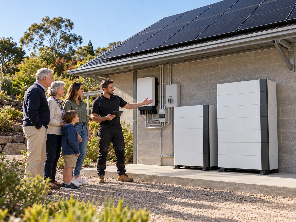 Australian family and installer comparing large home battery sizes at an outdoor workshop-wall installation