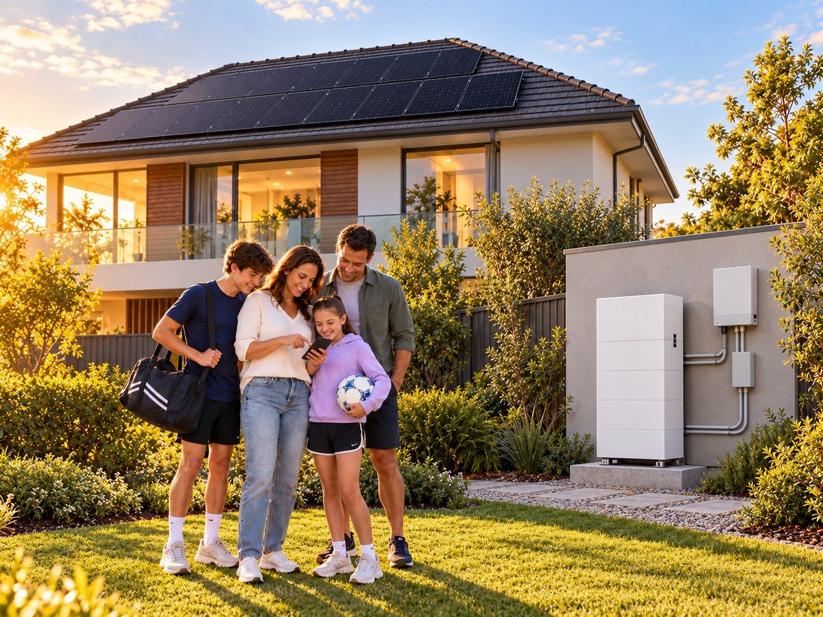 Australian family reviewing a 10kW solar system beside an outdoor 13.5kWh battery on a detached masonry utility wall