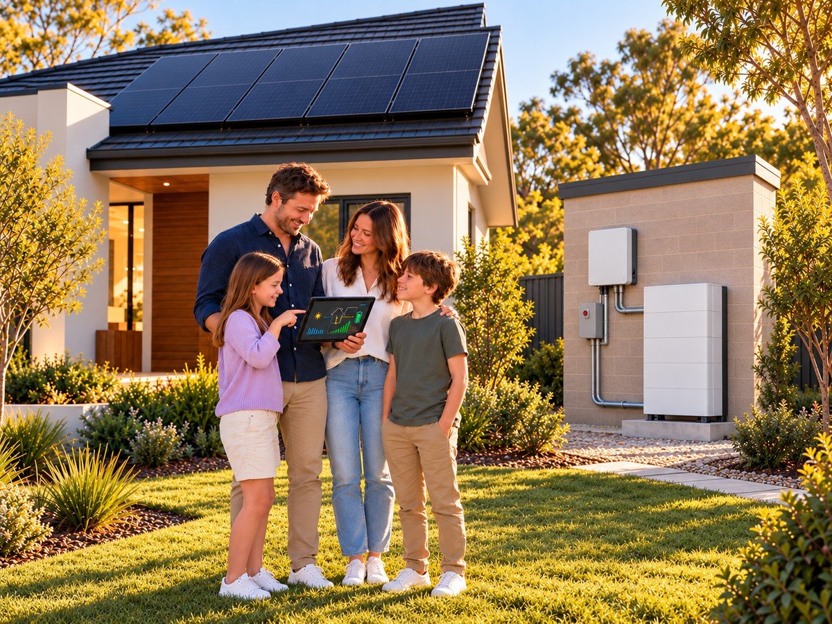Australian family reviewing their home energy system beside an outdoor battery on a detached masonry utility wall