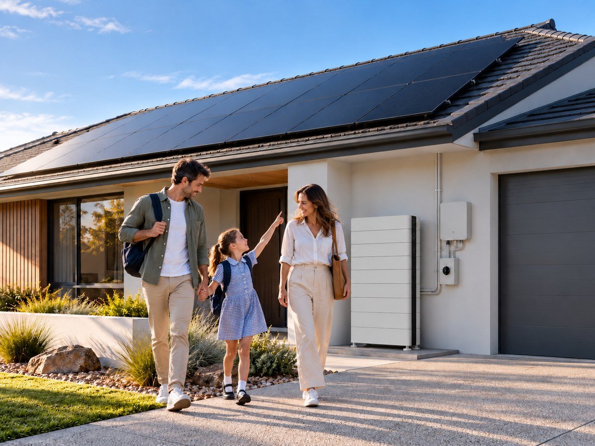 Australian family outside a home with rooftop solar panels and a ground-standing battery