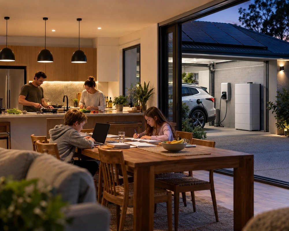 Australian family using evening appliances powered by a ground-standing home battery