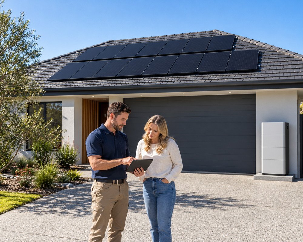 Solar assessor reviewing an intact black rooftop solar array with an Australian homeowner