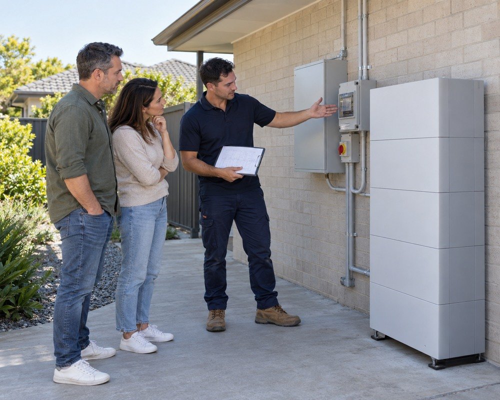 Australian homeowners reviewing a 20kWh battery quote beside an outdoor detached workshop-wall installation