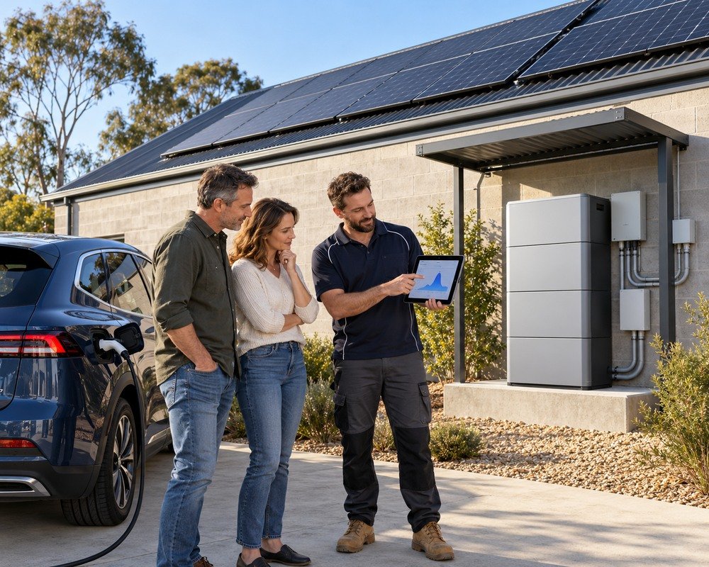 Australian homeowners reviewing electric car demand beside an outdoor 20kWh battery installation