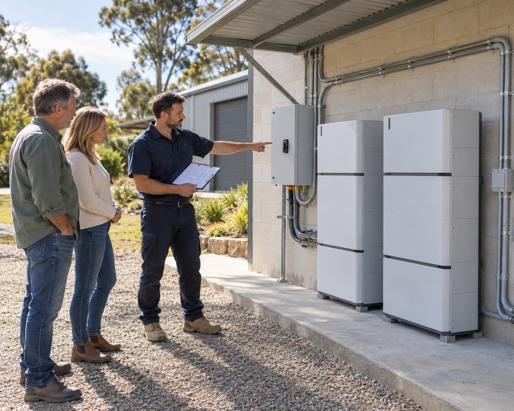 Australian property owners reviewing a 30kWh battery quote beside an outdoor workshop-wall installation