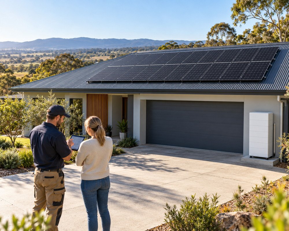 Installer assessing a broad black rooftop solar array and tall ground-standing battery at a rural home
