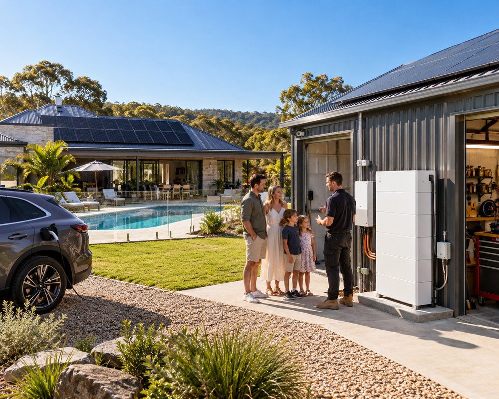 Australian family property with pool, electric car, rooftop solar and a large ground-standing battery