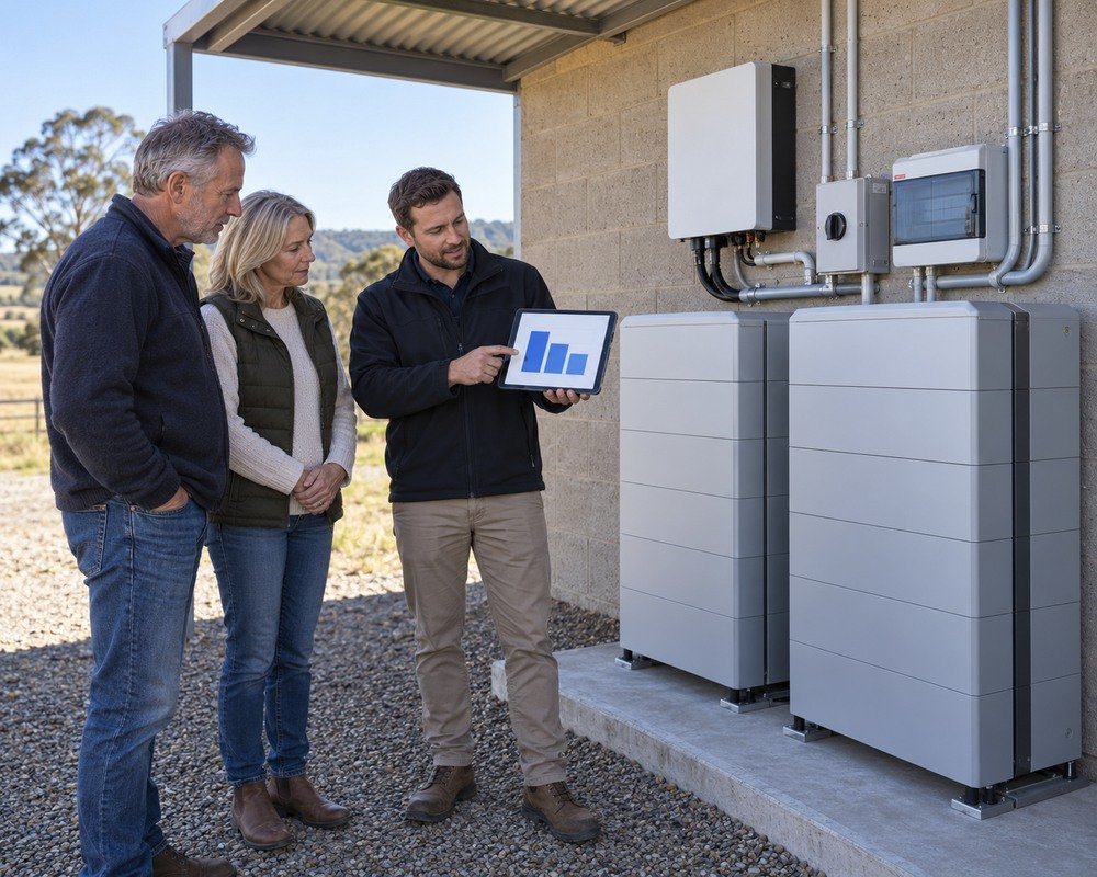 Energy adviser explaining rebate tiers beside a large outdoor 40kWh battery system