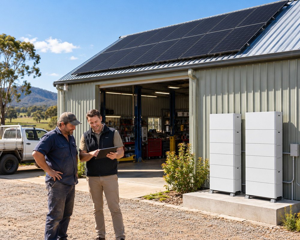 NSW workshop owner reviewing a solar and ground-standing battery installation with an energy adviser