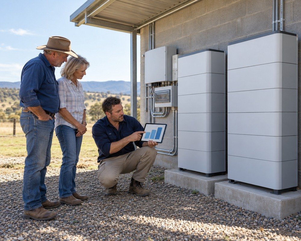 Installer explaining the rebate breakdown beside an outdoor 50kWh battery system