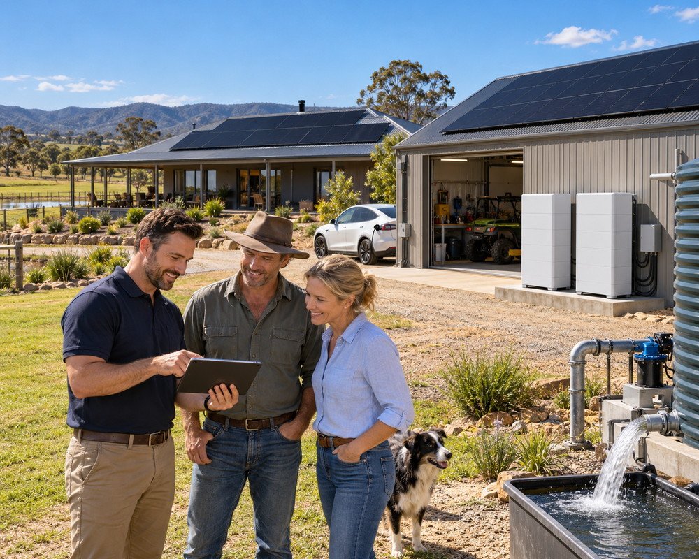 Rural property owners reviewing energy data near rooftop solar and two ground-standing battery towers