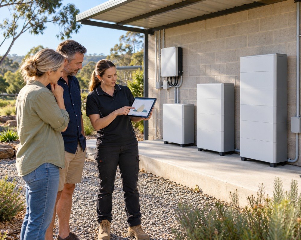 Australian homeowners comparing three outdoor battery sizes with an energy assessor