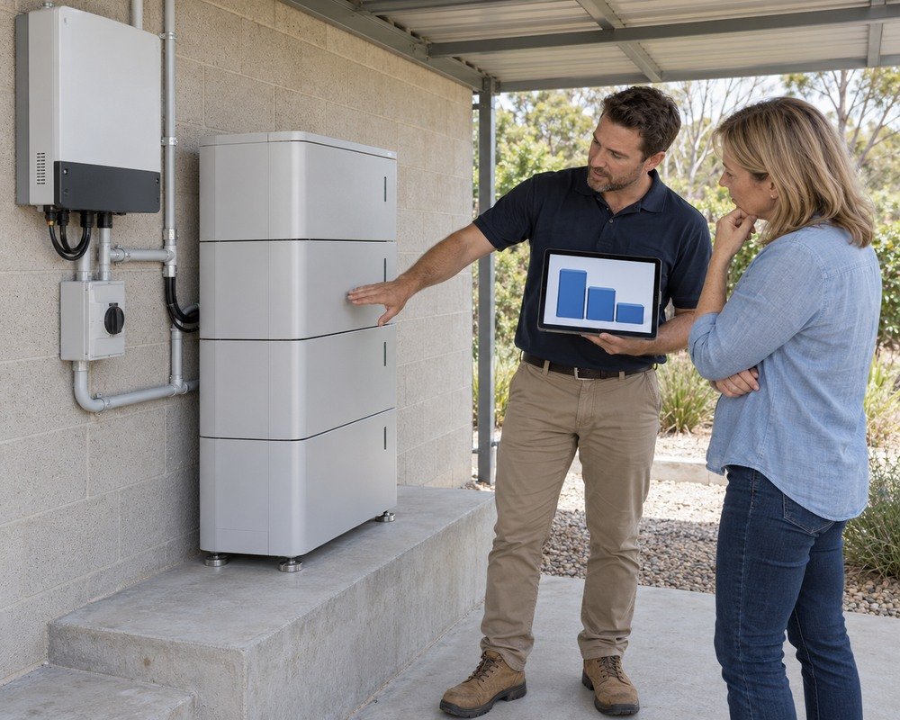 Energy adviser explaining federal rebate tiers beside an outdoor modular battery installation