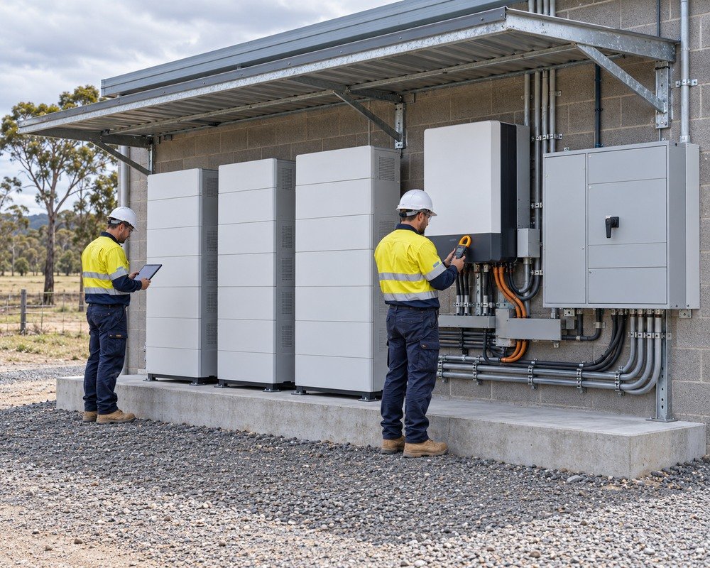 Electricians inspecting large outdoor batteries, switchboard, inverter and protected cabling