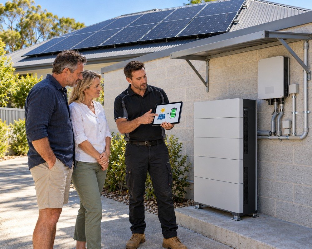 Installer explaining the difference between a 10kW solar array and an outdoor home battery