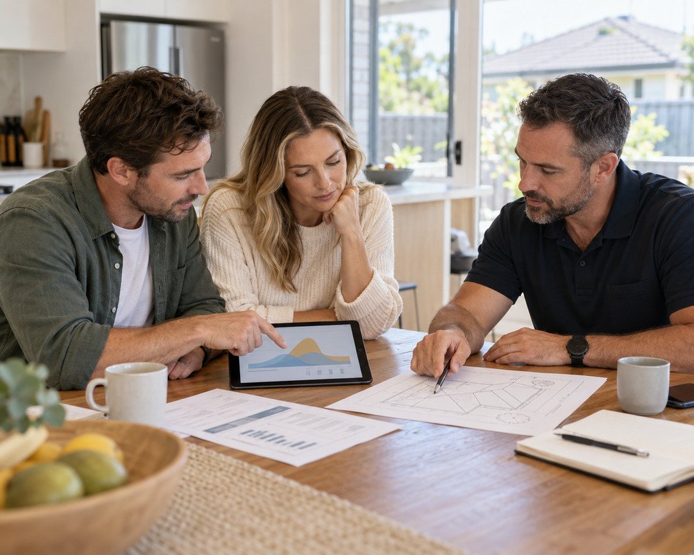 Australian homeowners reviewing electricity usage and roof plans with a solar assessor