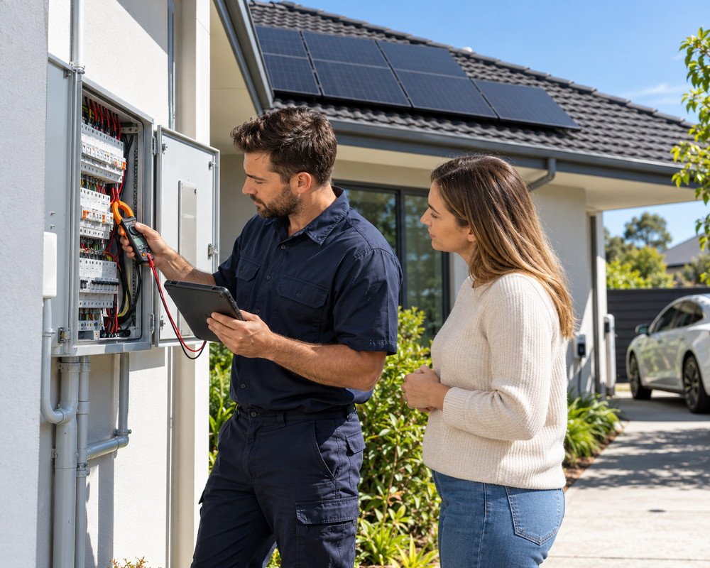 Electrician assessing a home switchboard with the homeowner before recommending a solar package